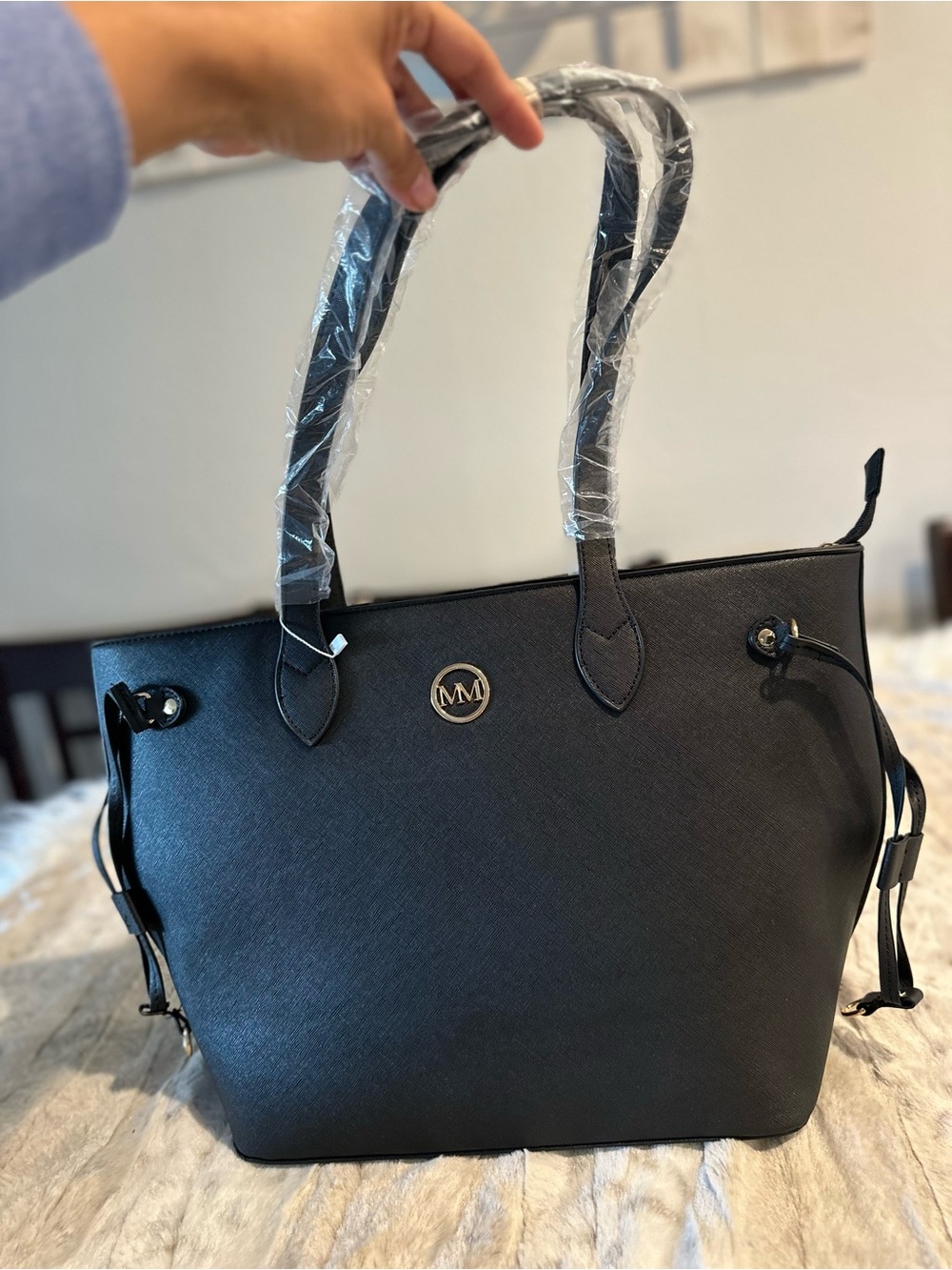 Marilyn Monroe Black Saffiano Tote Bag with MM Emblem